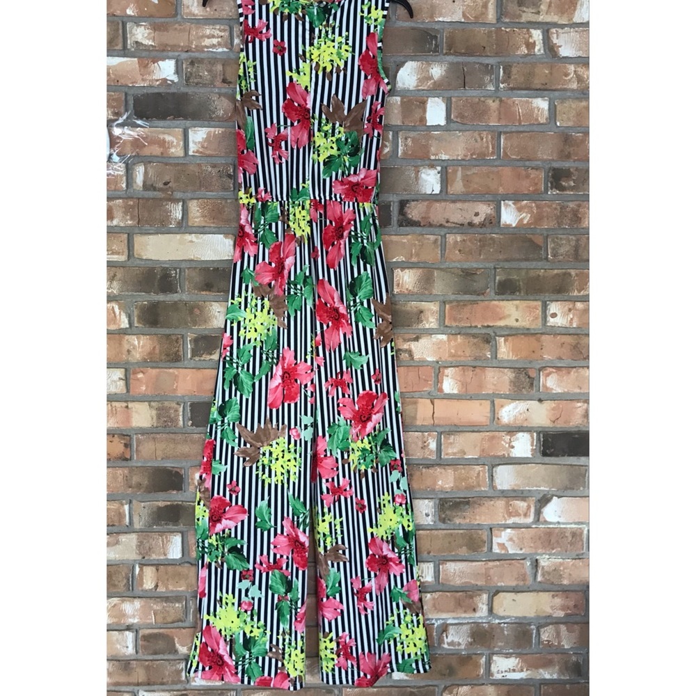 Me 2 Magic Striped Floral Jumpsuit Size Small Black White Red Neon Yellow